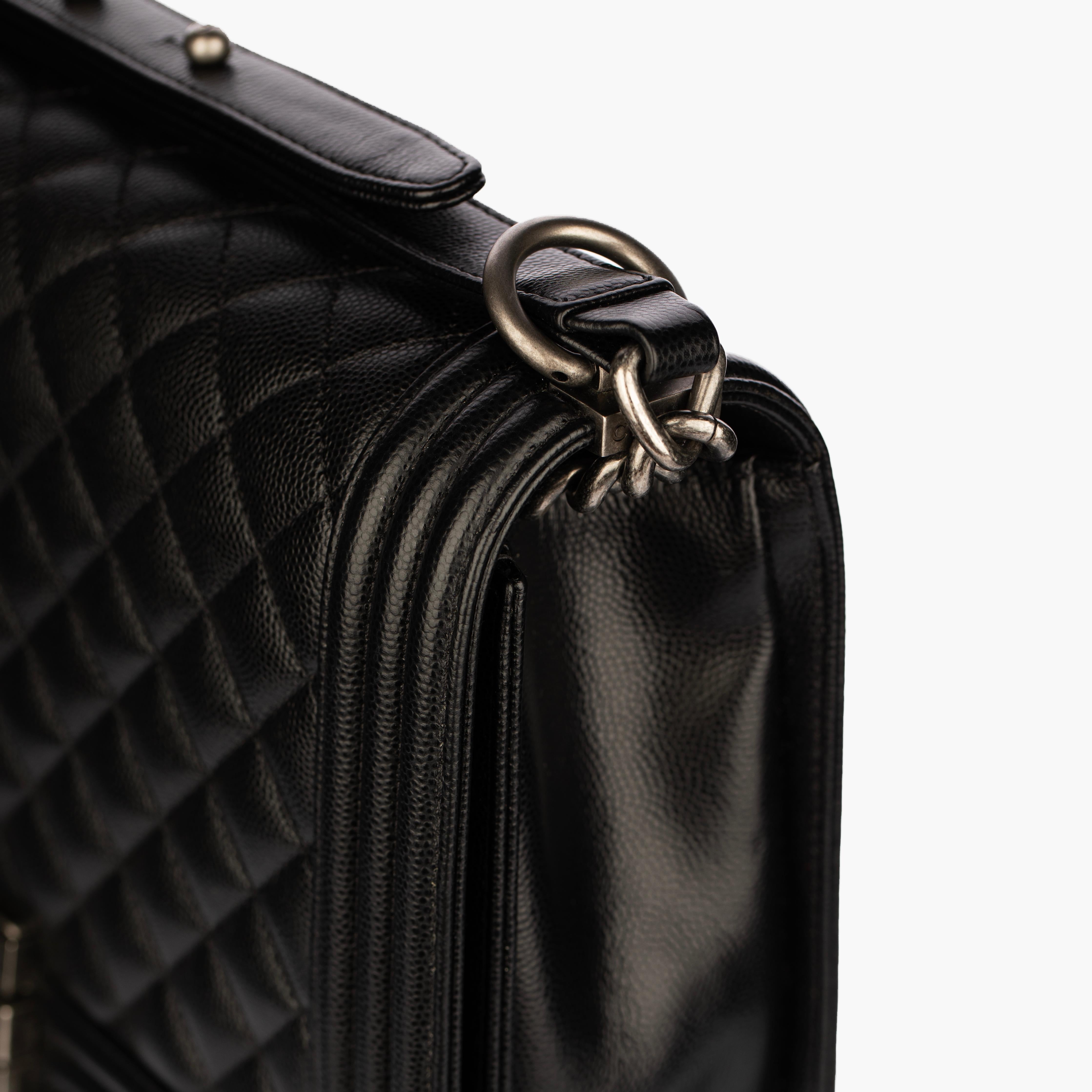 Chanel Boy Bag in Quilted Black Caviar Leather with Aged Silver Hardware For Sale 2