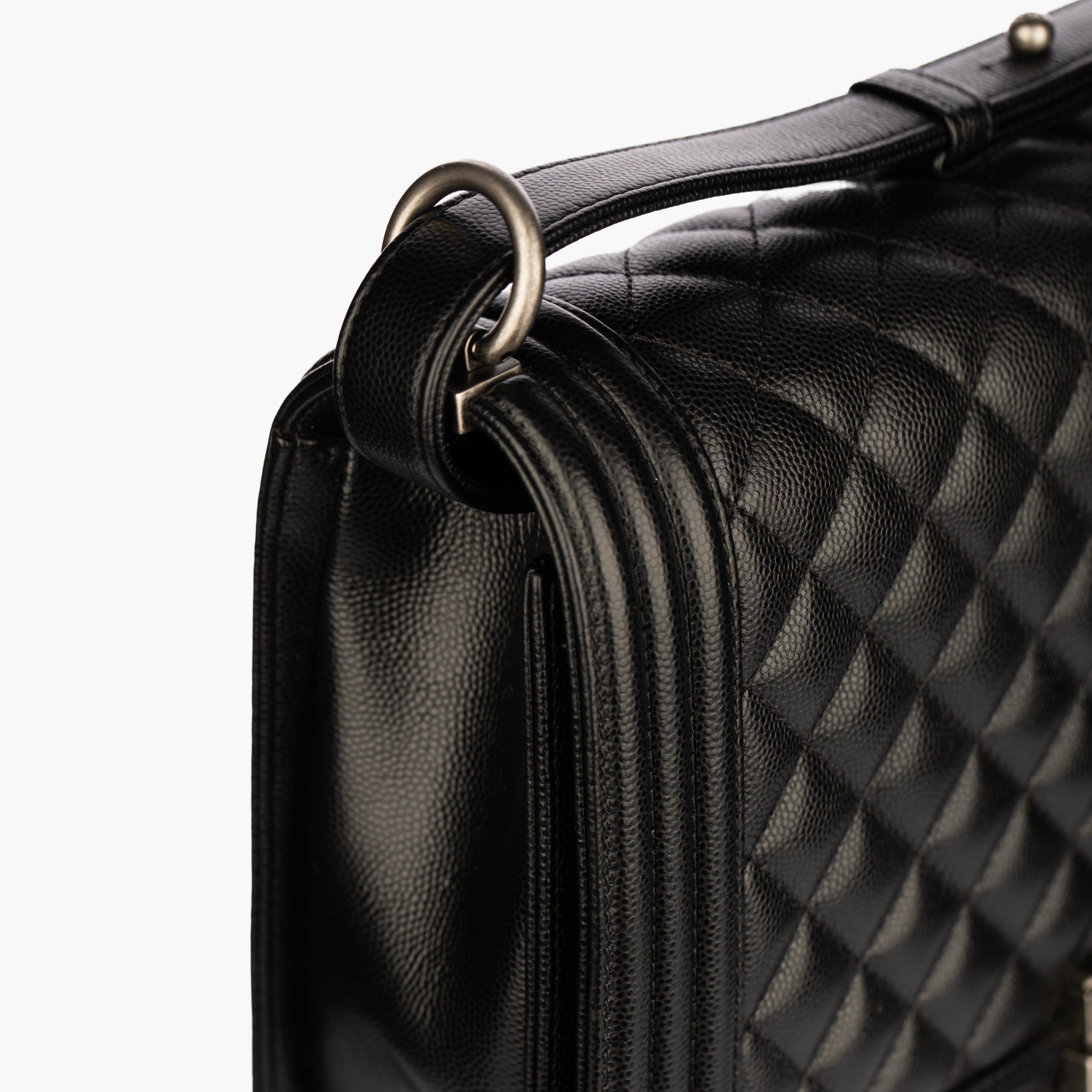 Chanel Boy Bag in Quilted Black Caviar Leather with Aged Silver Hardware For Sale 3