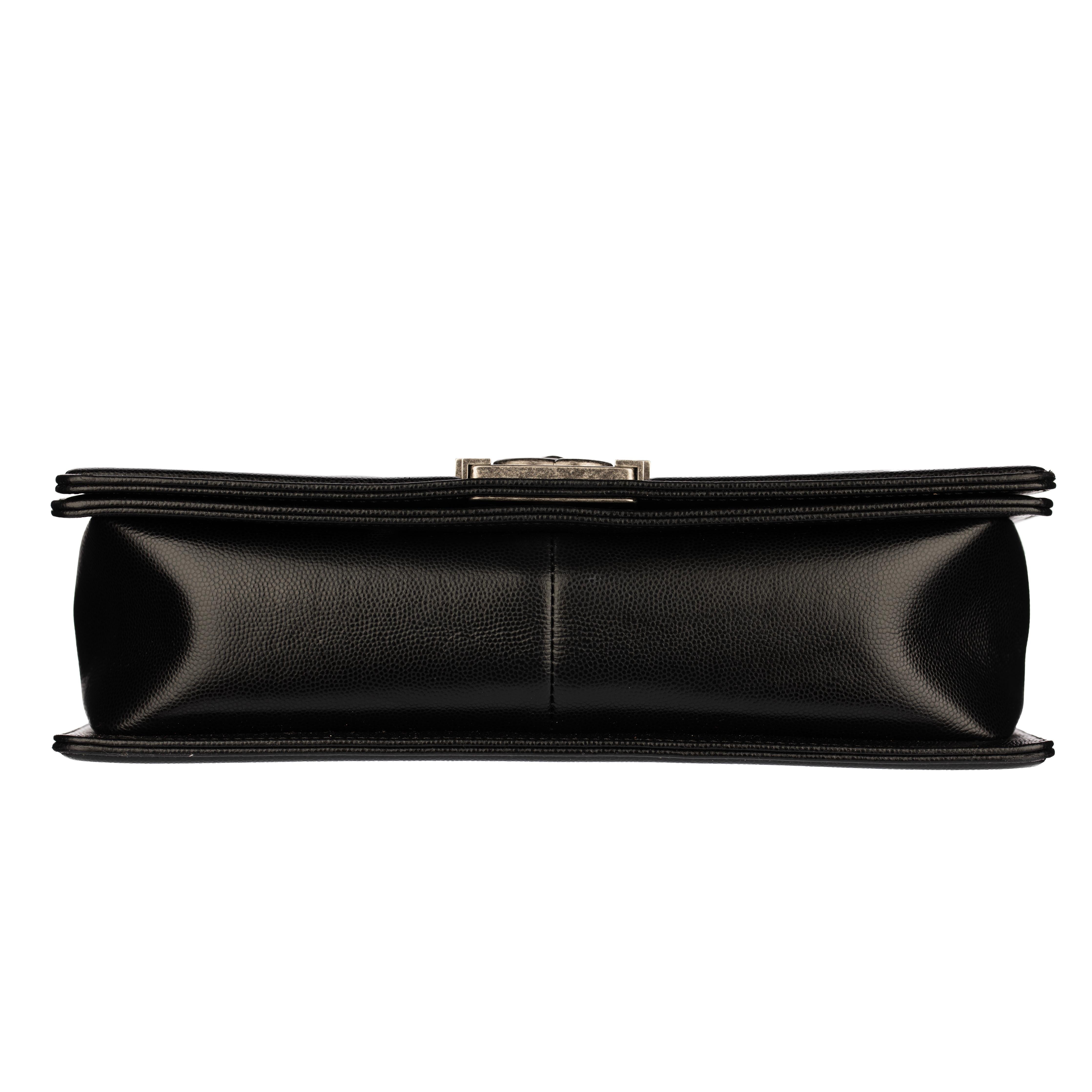 Chanel Boy Bag in Quilted Black Caviar Leather with Aged Silver Hardware For Sale 4