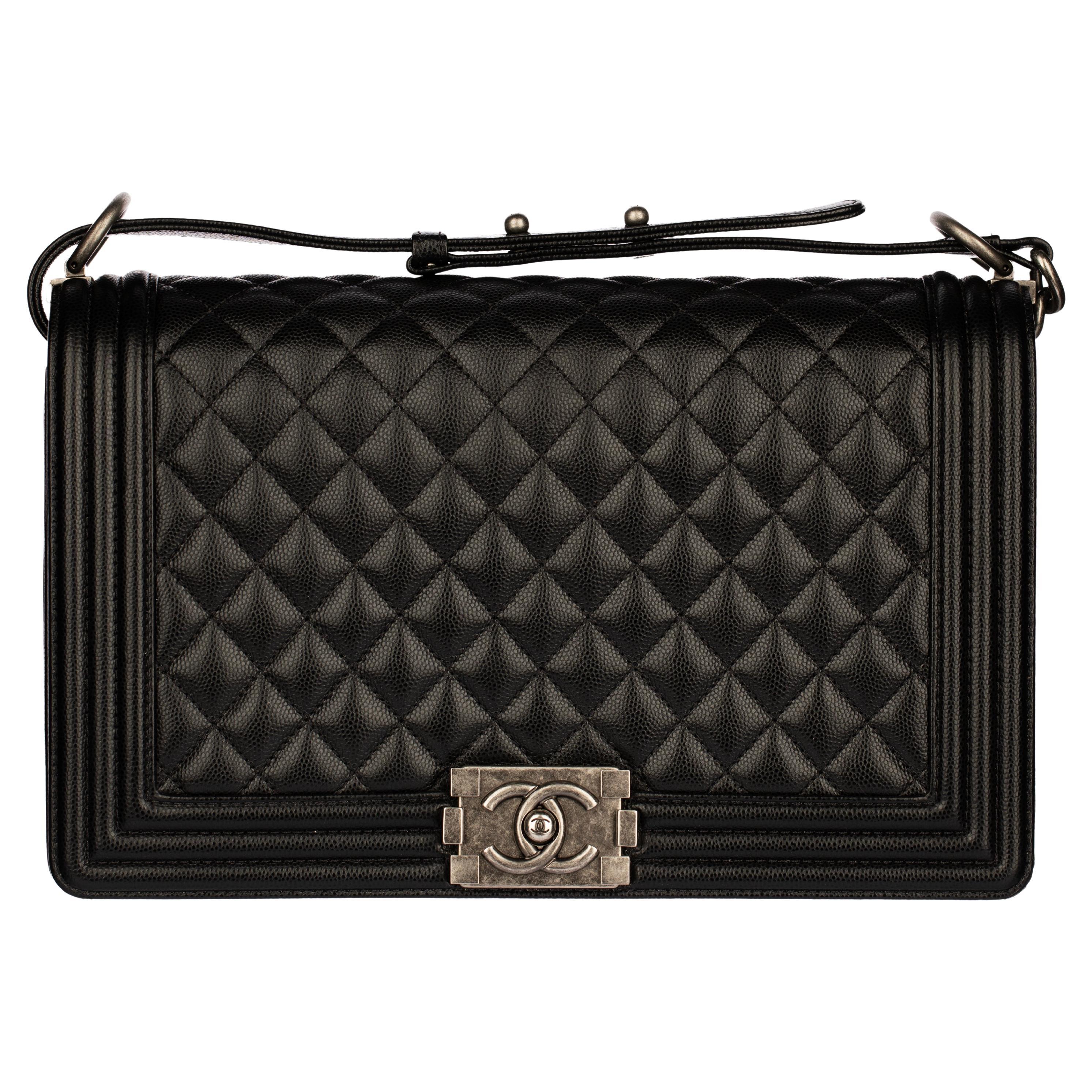 Chanel Boy Bag in Quilted Black Caviar Leather with Aged Silver Hardware For Sale