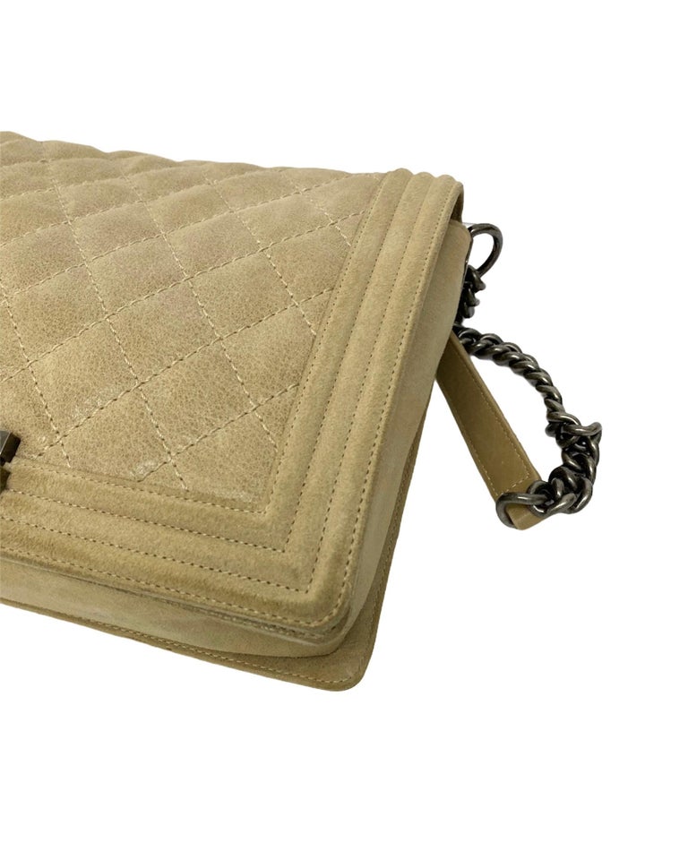 Chanel Boy Beige Bag in Suede with Silver Hardware For Sale at 1stDibs