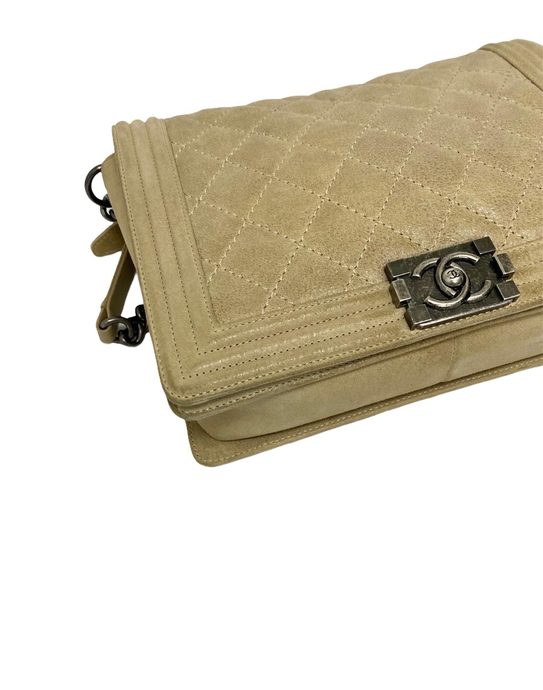 Chanel Boy Beige Bag in Suede with Silver Hardware For Sale 1