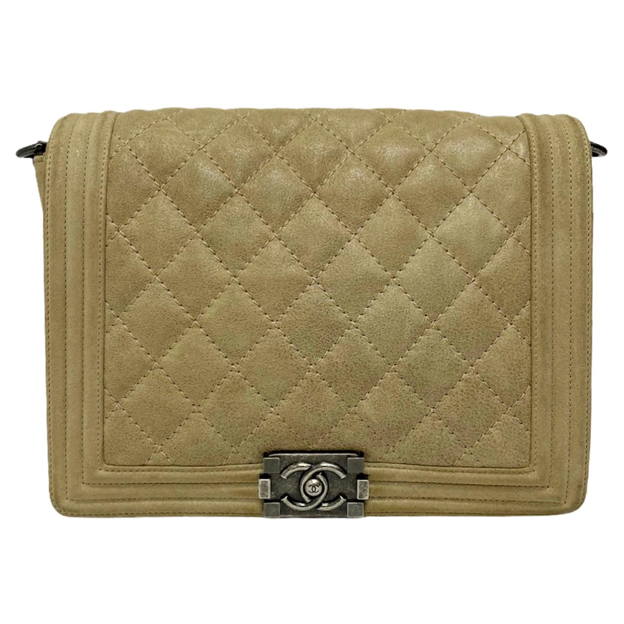 Chanel Boy Beige Bag in Suede with Silver Hardware For Sale