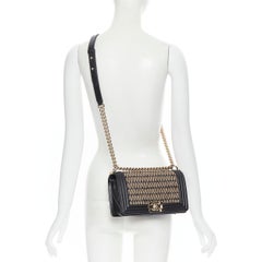 CHANEL Boy black brown raffia basket straw chevron black lambskin crossbody bag