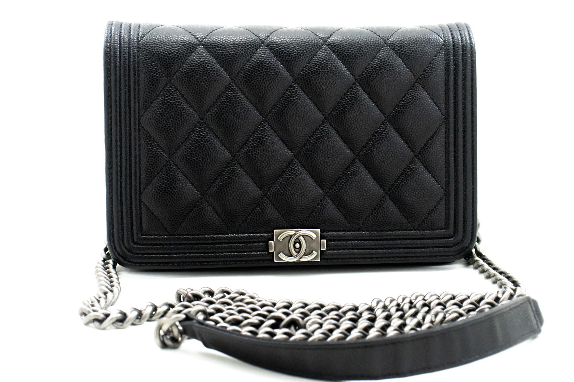 An authentic CHANEL Boy Black Caviar Wallet On Chain WOC Flap Shoulder Bag Silver. The color is Black. The outside material is Leather. The pattern is Solid. This item is Contemporary. The year of manufacture would be 1986.
Conditions &