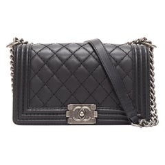 CHANEL Boy black overstitch ruthenium CC logo medium crossbody chain bag