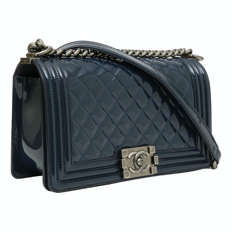 Chanel Double Zip Patent Leather Shoulder Bag Navy Blue