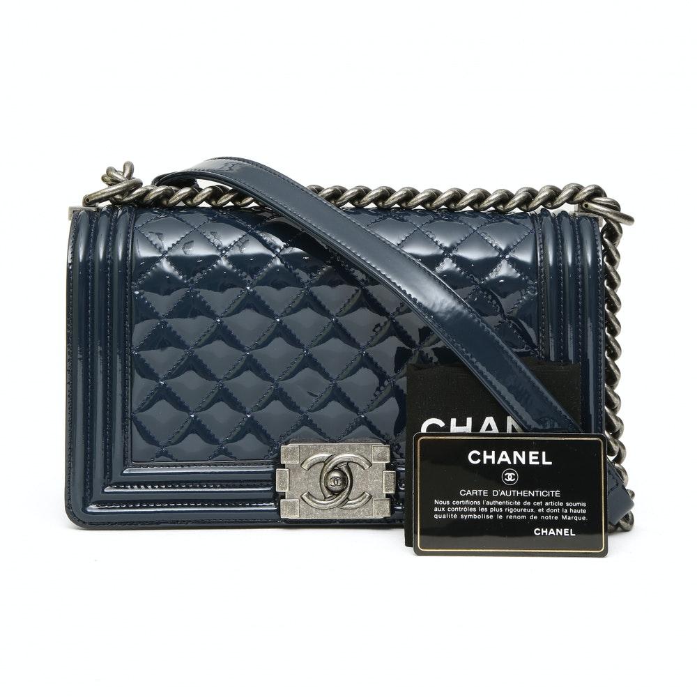Women's Chanel boy blue navy patent leather shoulder bag