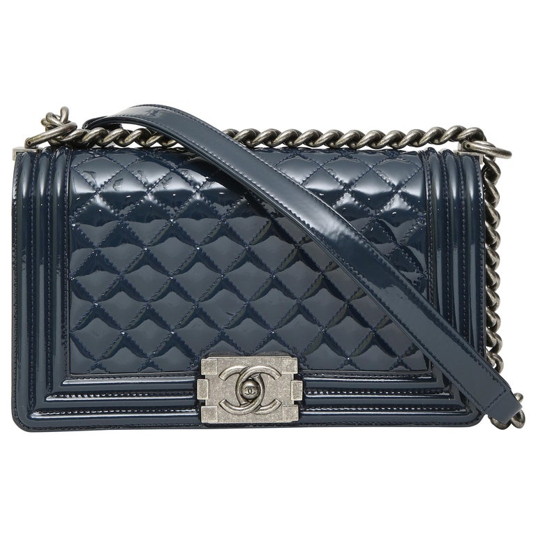 Chanel boy blue navy patent leather shoulder bag at 1stDibs