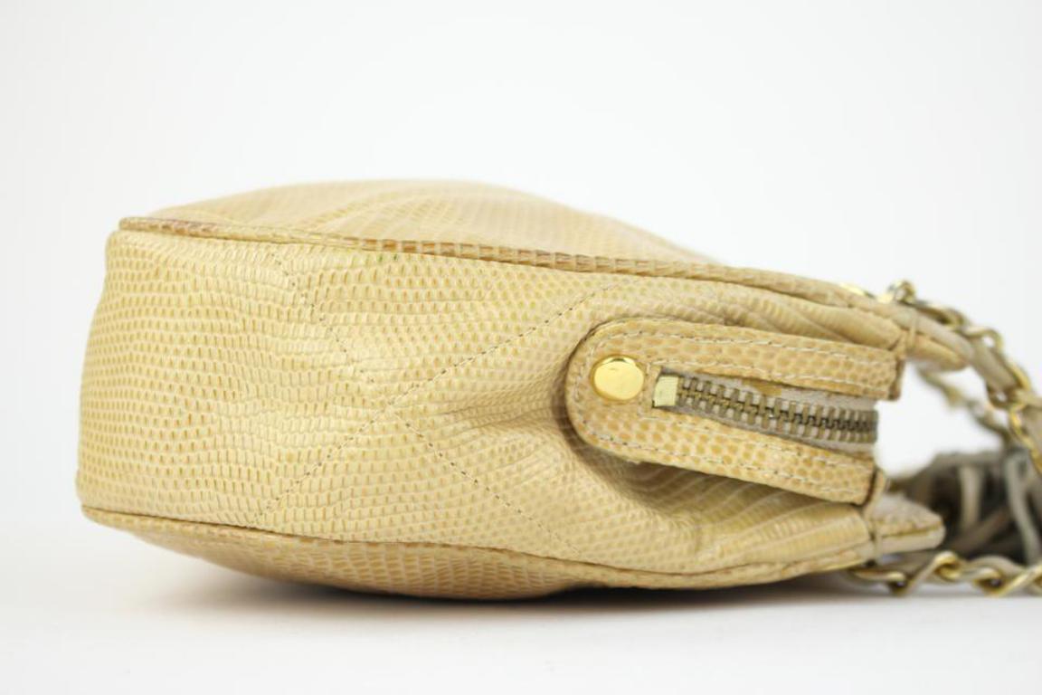 Chanel Boy Camera Quilted Lizard Chain 217004 Beige Leather Shoulder Bag In Fair Condition For Sale In Forest Hills, NY