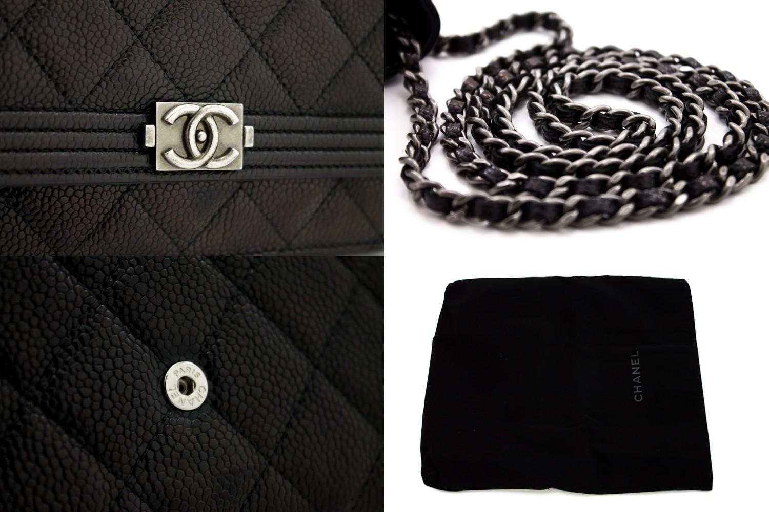 Women's CHANEL Boy Caviar Black WOC Wallet On Chain Shoulder Bag Quilted Leather