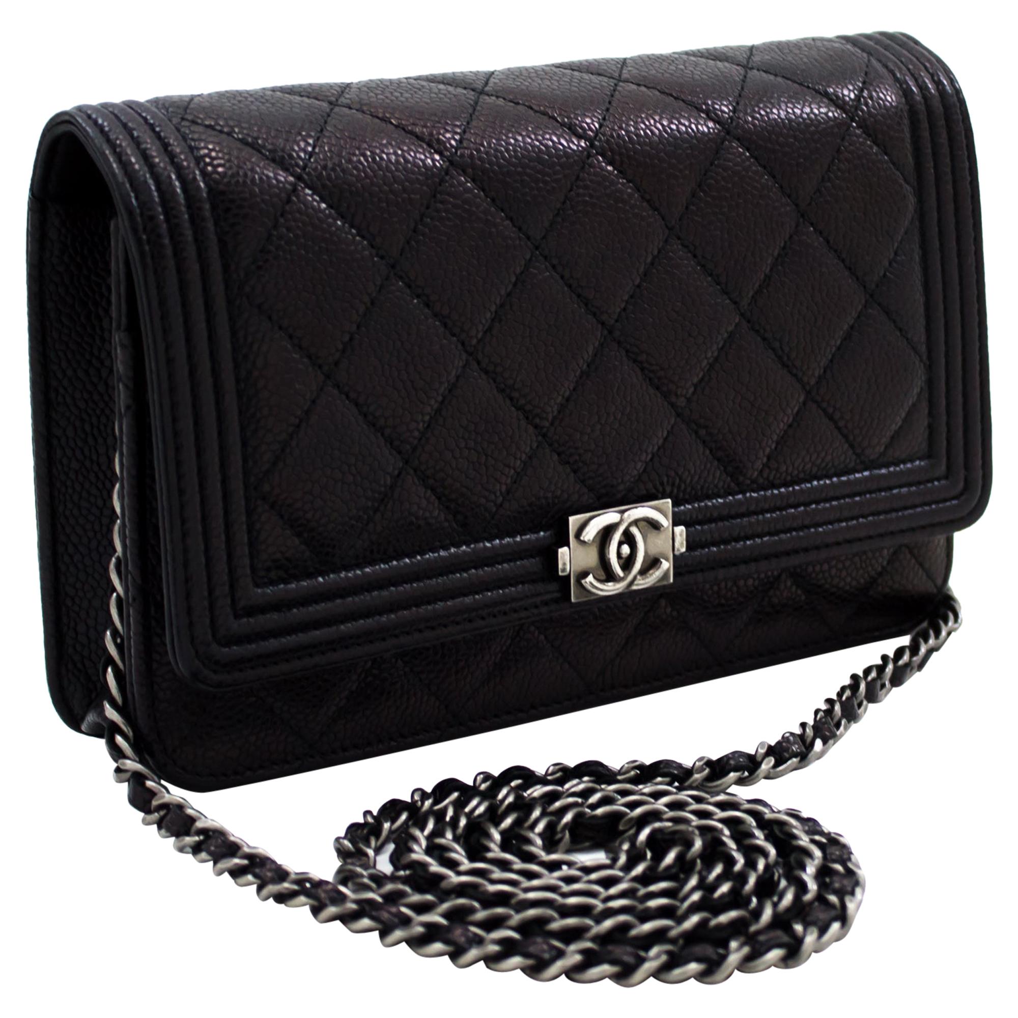 CHANEL Boy Caviar Black WOC Wallet On Chain Shoulder Bag Quilted Leather