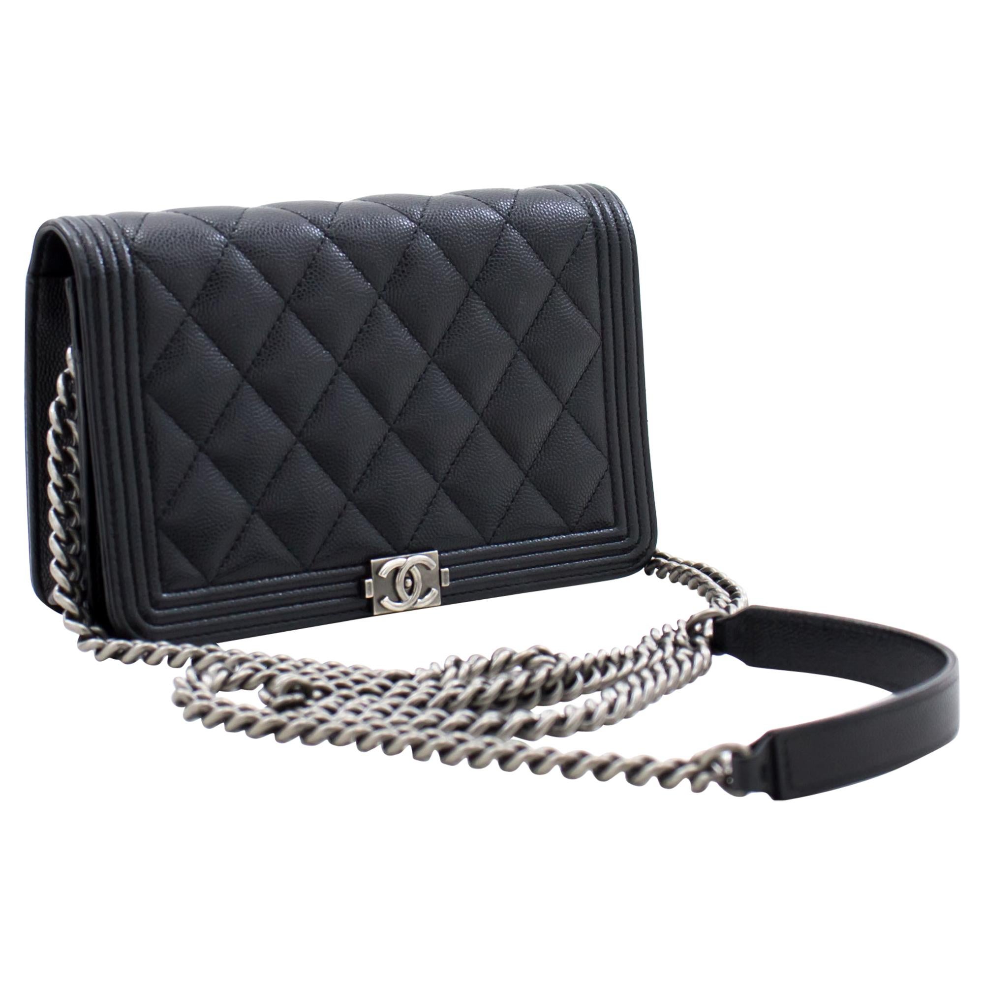 CHANEL Metallic Lambskin Quilted Chanel 19 Wallet On Chain WOC Silver  971932