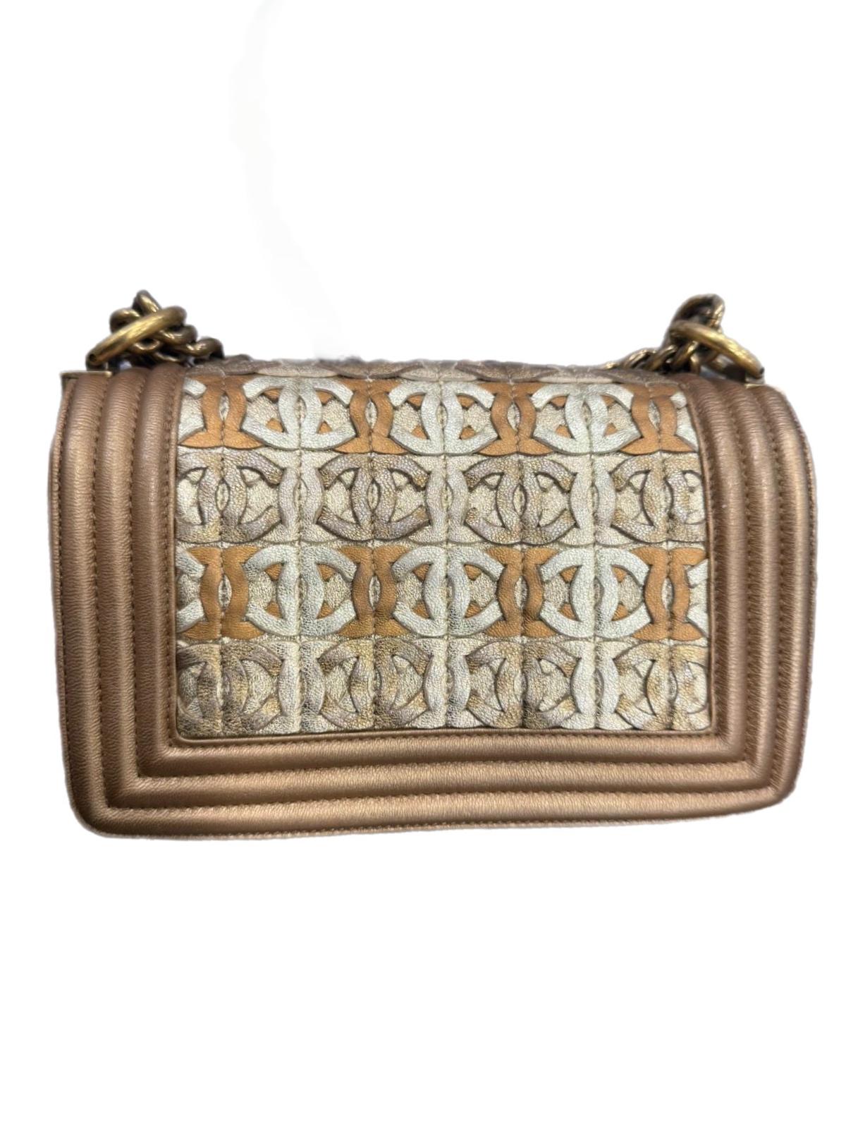 Brown Chanel Boy CC Logo Cut-out Shoulder Bag Metallic Gold