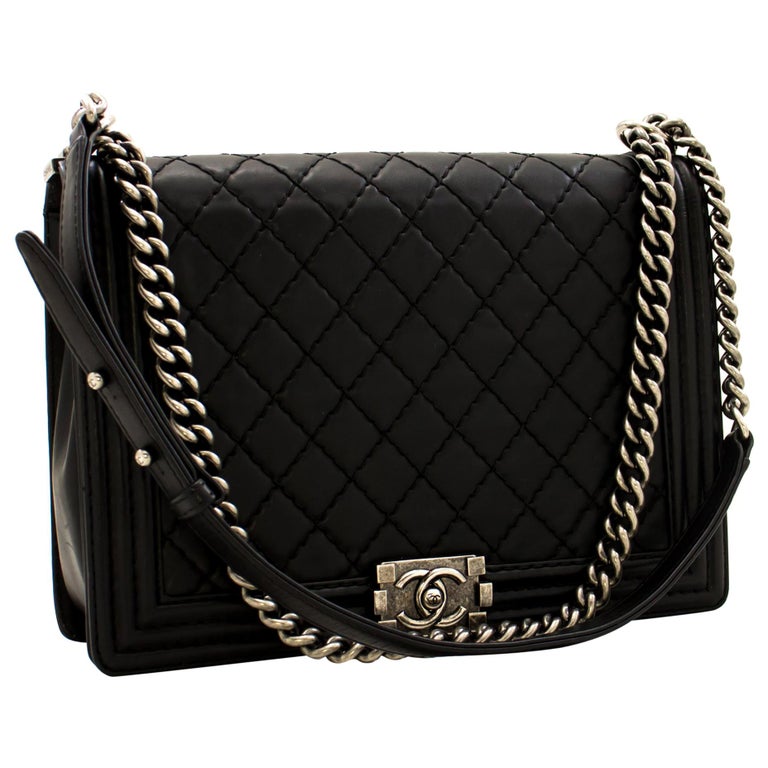 CHANEL Boy Chain Shoulder Bag Black Flap Quilted Leather Crossbody For ...
