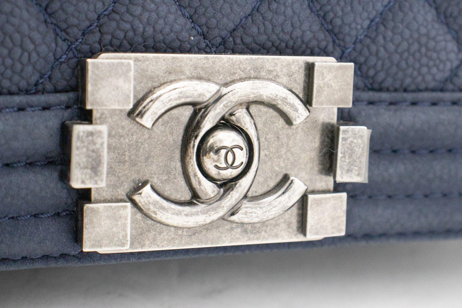 CHANEL Boy Chain Shoulder Bag Navy Flap Quilted Caviar Grained 8