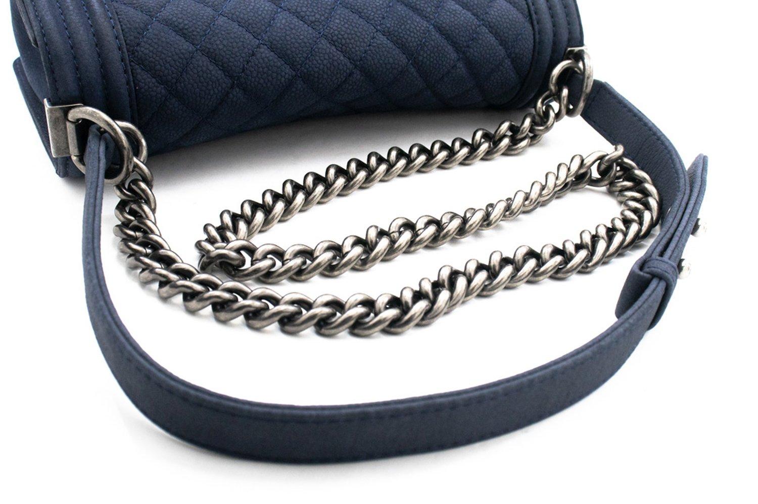 CHANEL Boy Chain Shoulder Bag Navy Flap Quilted Caviar Grained 9