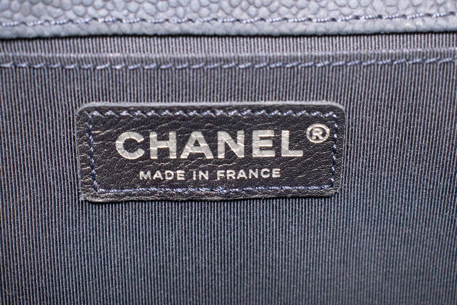 CHANEL Boy Chain Shoulder Bag Navy Flap Quilted Caviar Grained 12