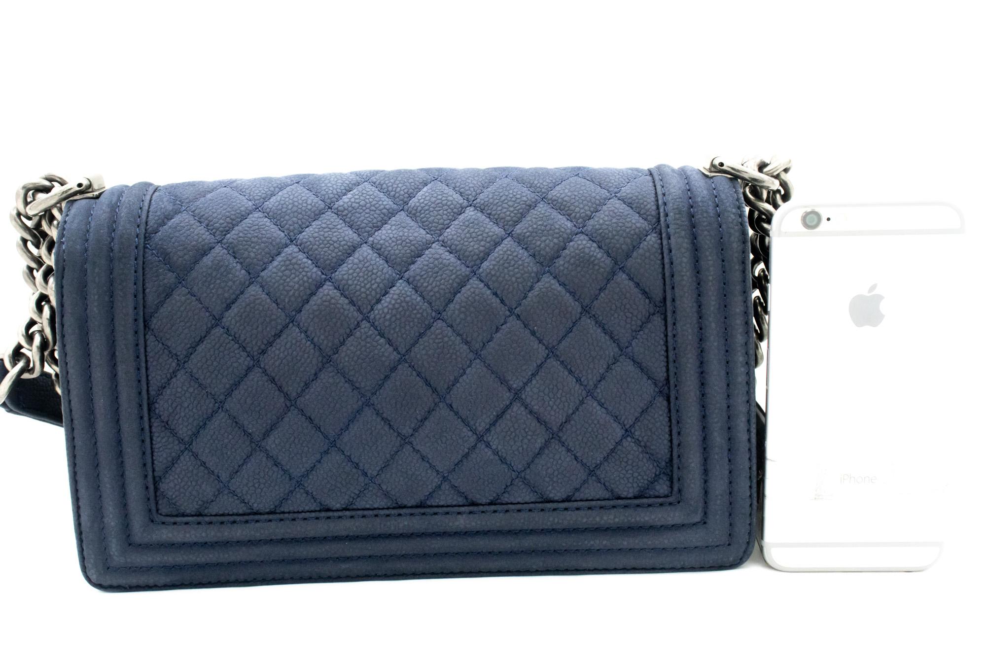 CHANEL Boy Chain Shoulder Bag Navy Flap Quilted Caviar Grained In Good Condition In Takamatsu-shi, JP