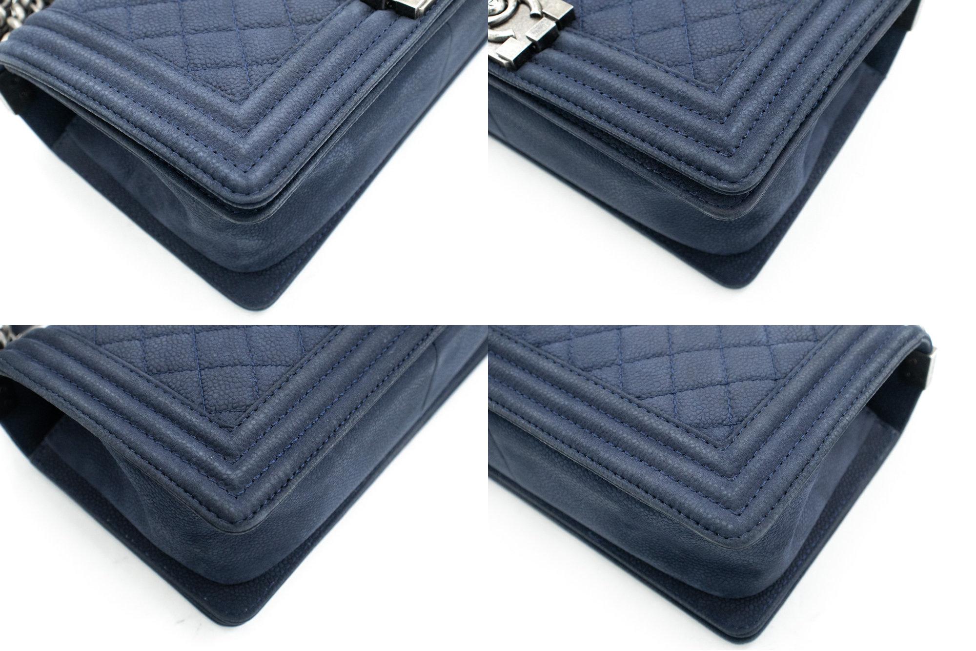 CHANEL Boy Chain Shoulder Bag Navy Flap Quilted Caviar Grained 2