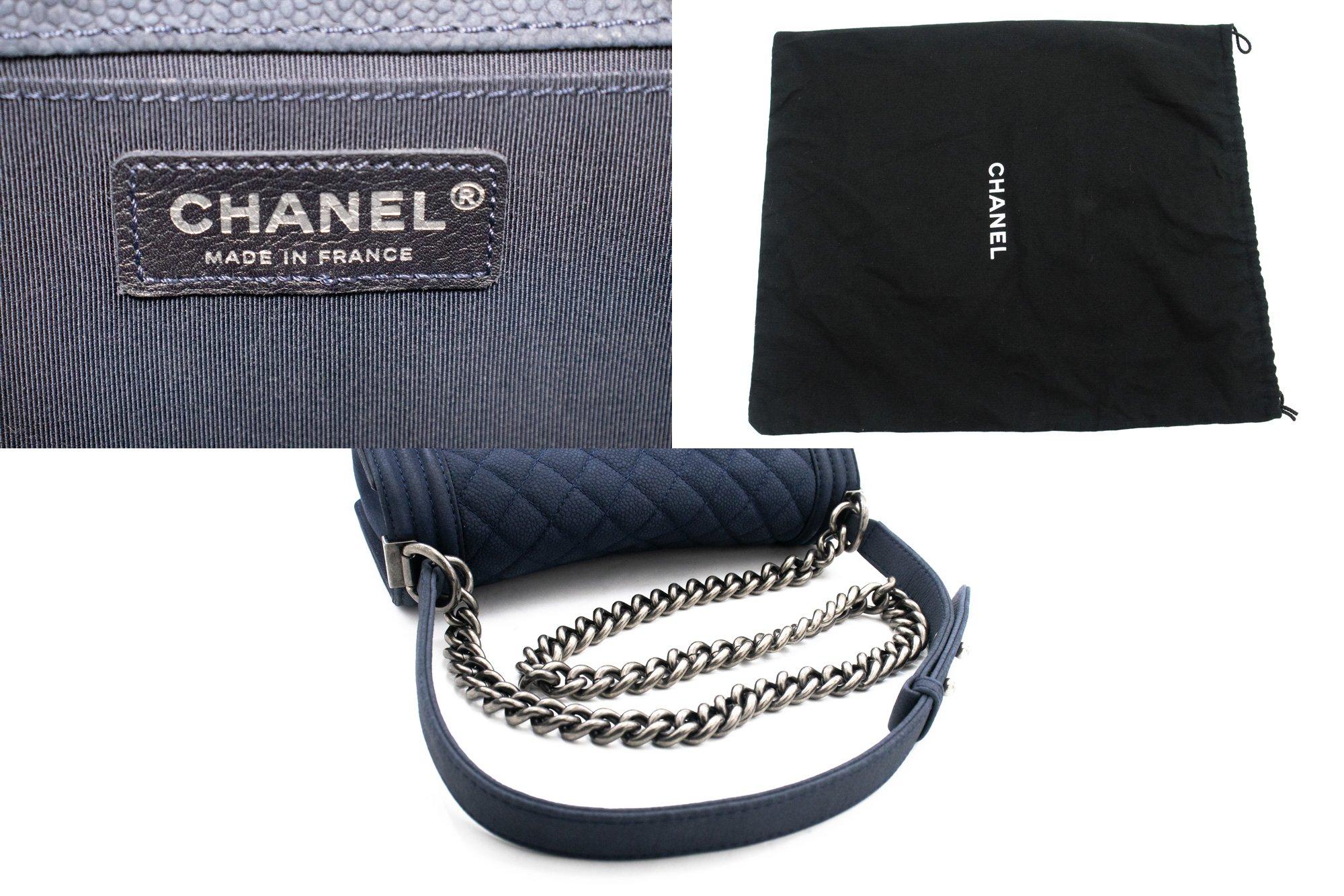 CHANEL Boy Chain Shoulder Bag Navy Flap Quilted Caviar Grained 4