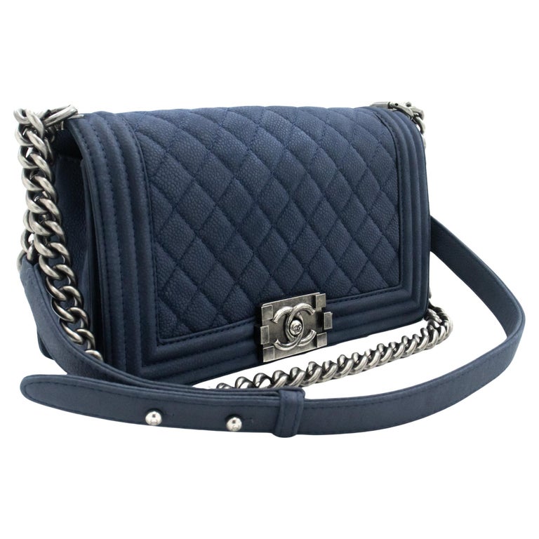 CHANEL Boy Chain Shoulder Bag Navy Flap Quilted Caviar Grained For