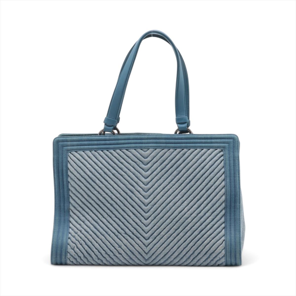 Gray Chanel Boy Chevron Denim Leather Tote Bag Blue