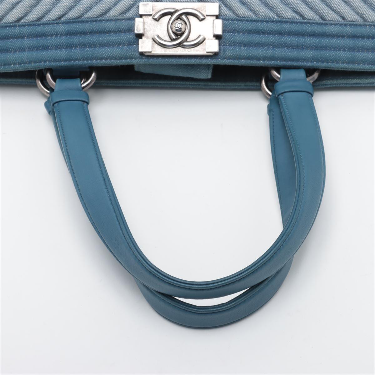 Chanel Boy Chevron Denim Leather Tote Bag Blue 1