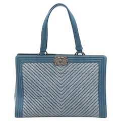 Chanel Boy Chevron Denim Leather Tote Bag Blue
