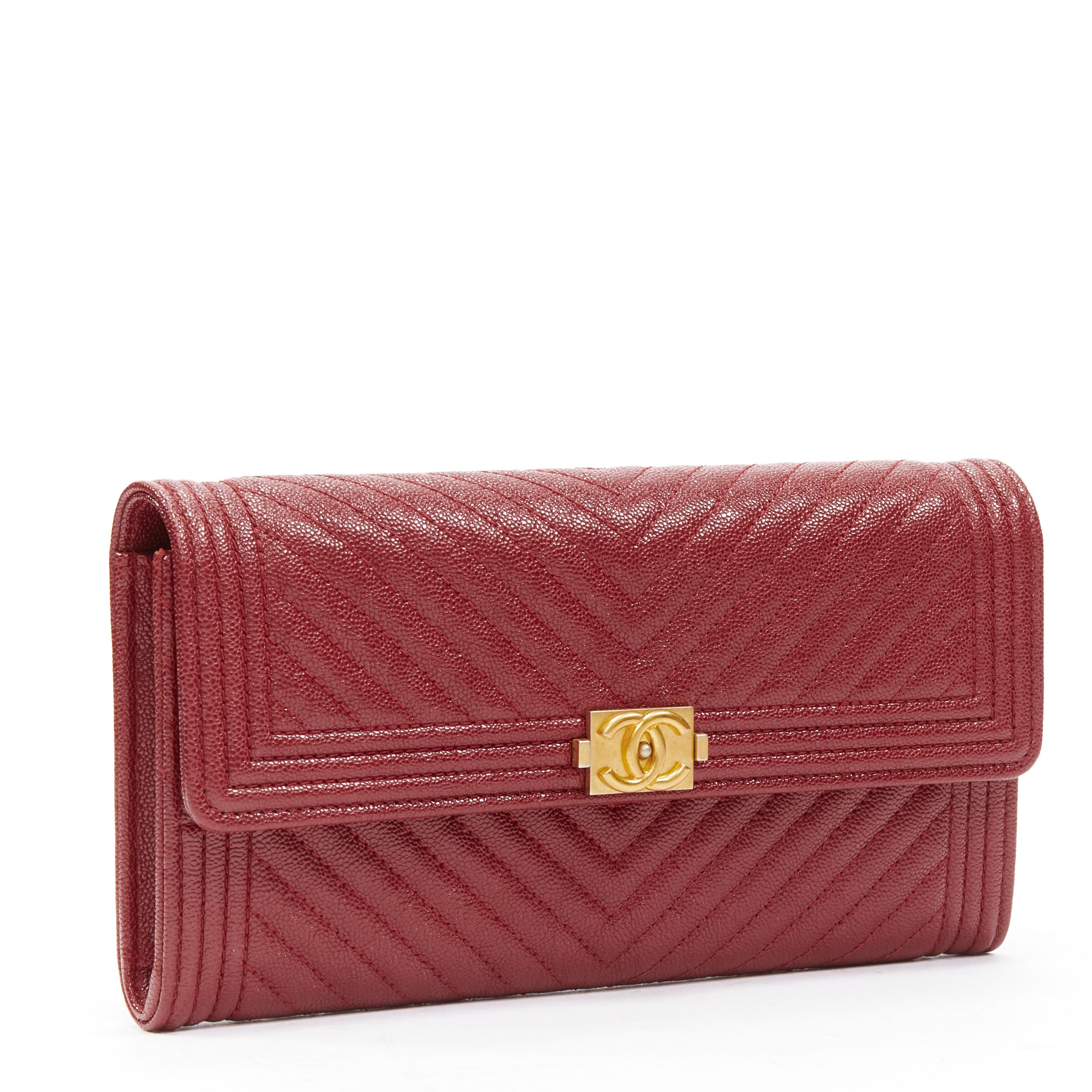 Brown CHANEL Boy chevron red caviar gold CC logo flap long wallet For Sale