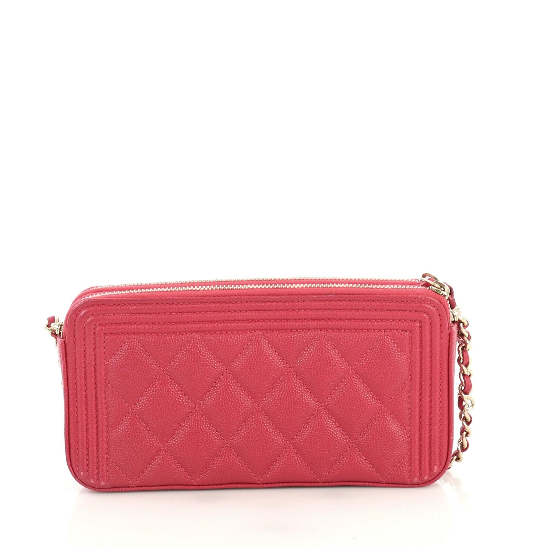Pink Chanel Boy Double Zip Clutch with Chain Quilted Caviar