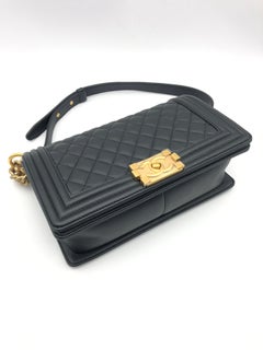 Chanel Boy Flap Bag Black Quilted Leather Gold Hardware Medium Shoulder Chip