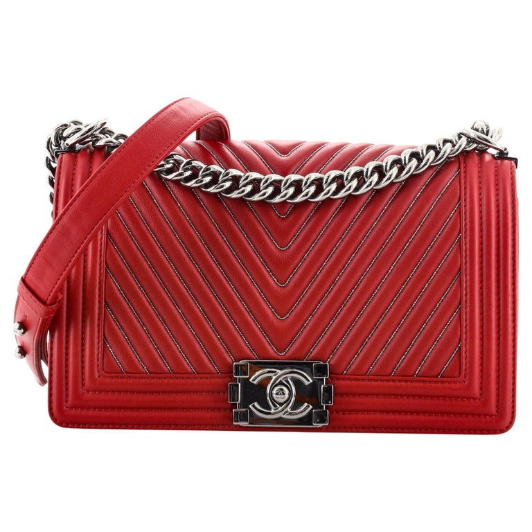 Chanel Boy Flap Bag Chevron Calfskin with Micro Chain Detail Old Medium