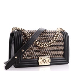 Chanel Boy Flap Bag Chevron Woven Raffia and Leather Old Medium