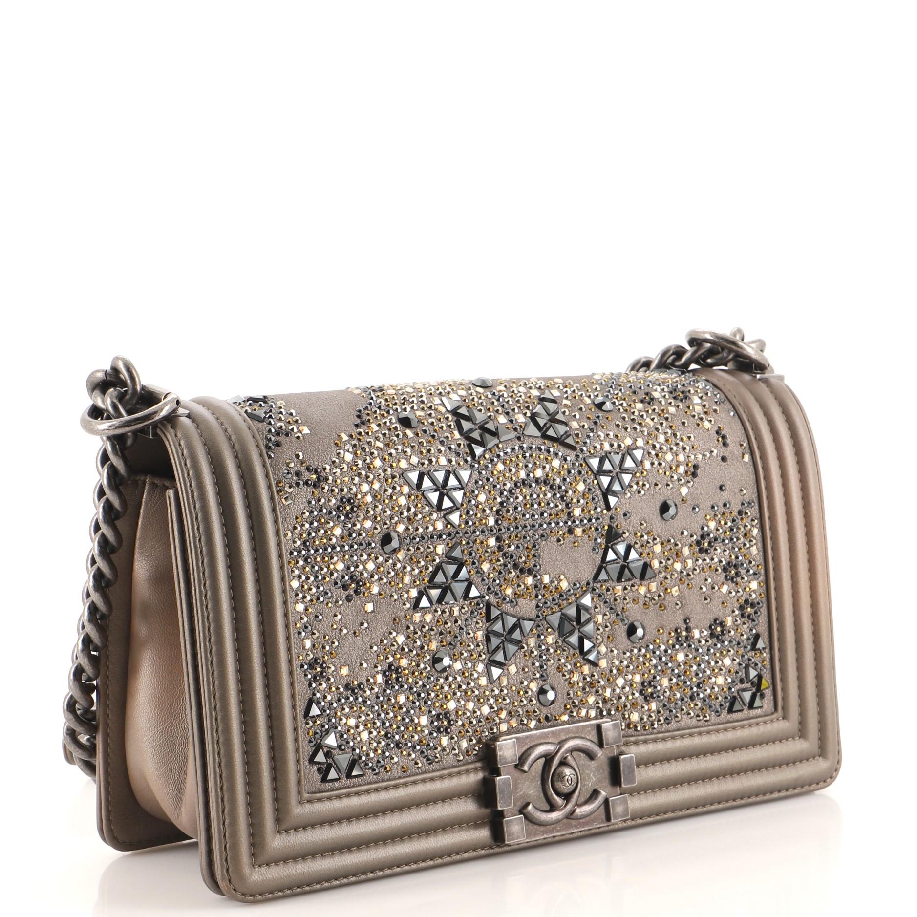 Gray Chanel Boy Flap Bag Crystal Embellished Goatskin Old Medium