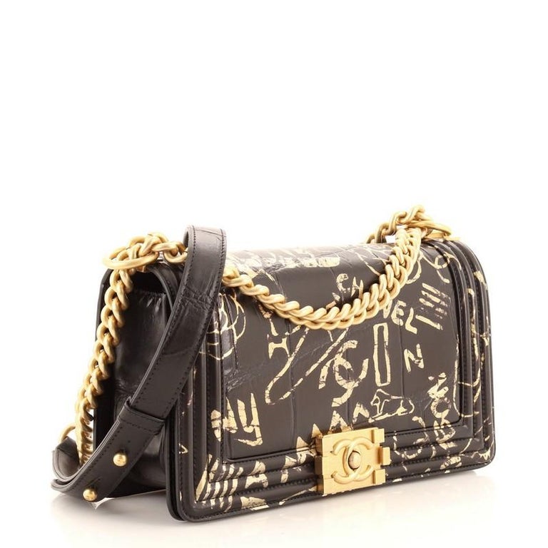 Chanel Black and Gold Crocodile-Embossed Leather Small Graffiti Boy Bag For  Sale at 1stDibs