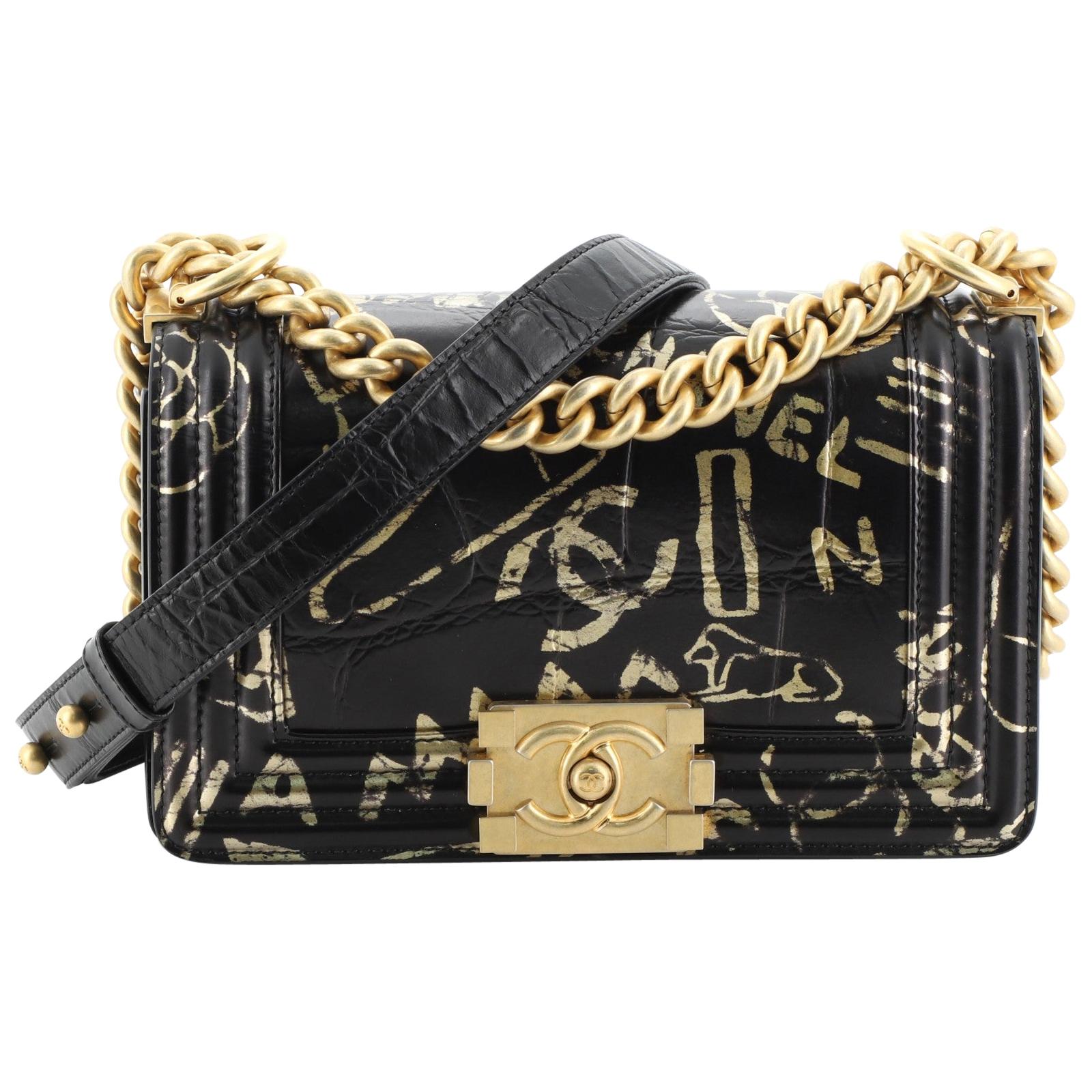 Chanel Black and Gold Graffiti Crocodile Embossed Calfskin 2.55 Reissue 224 Flap Bag Gold Hardware, 2019 (Very Good)