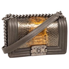 Chanel 'Boy' Flap Bag Kaki Leather and Green Python