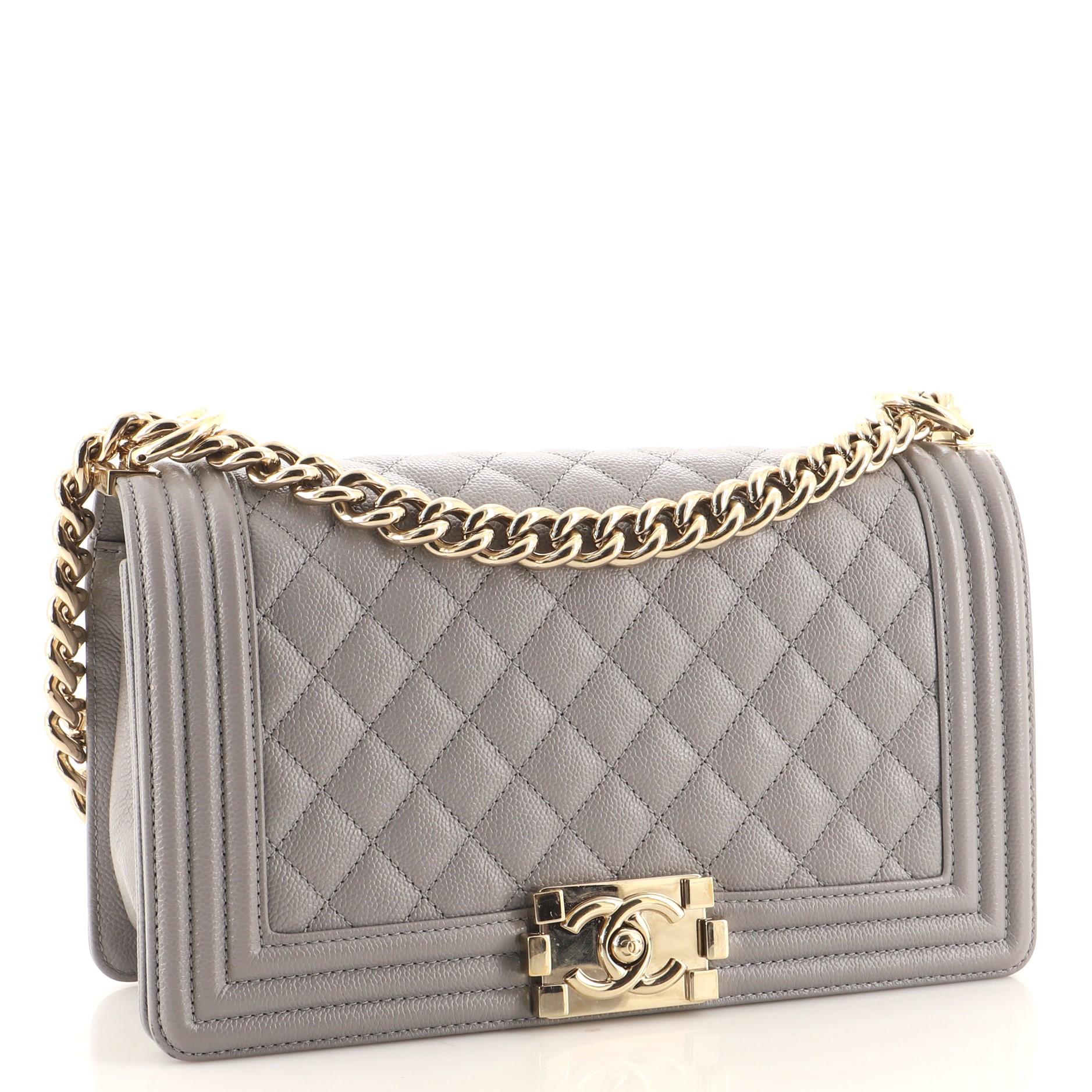 Gray Chanel Boy Flap Bag Quilted Caviar Old Medium