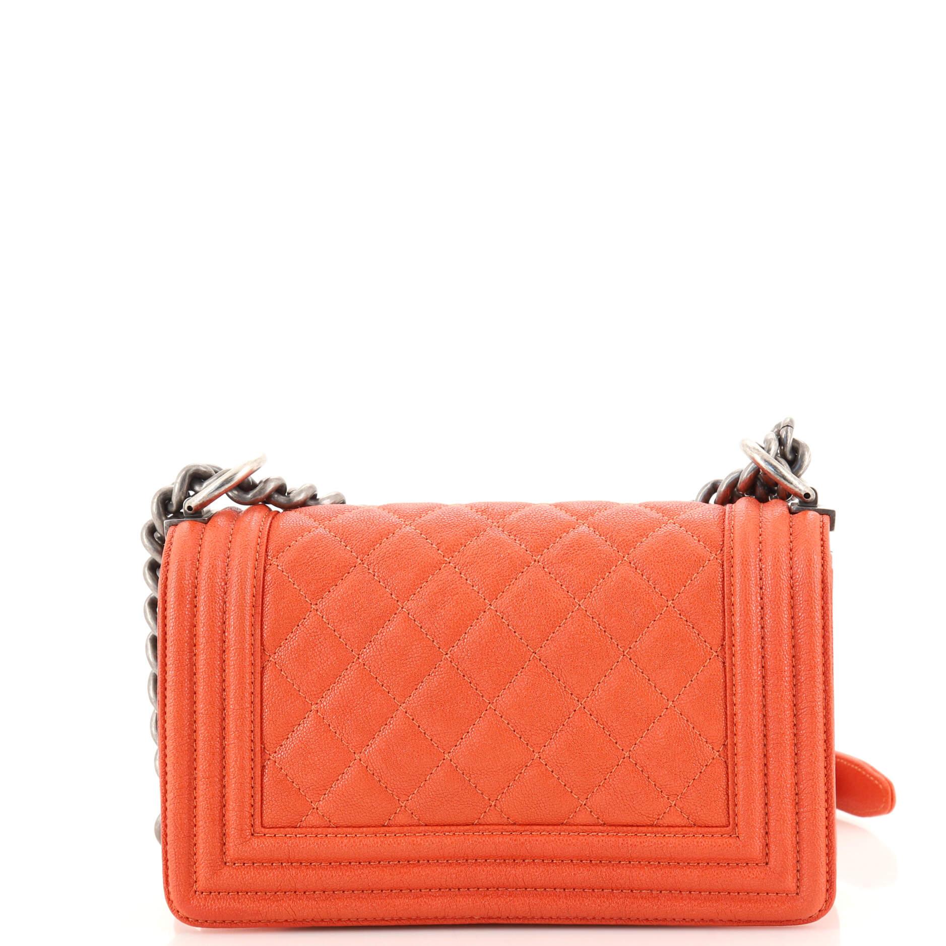 Orange Chanel Boy Flap Bag Quilted Caviar Small