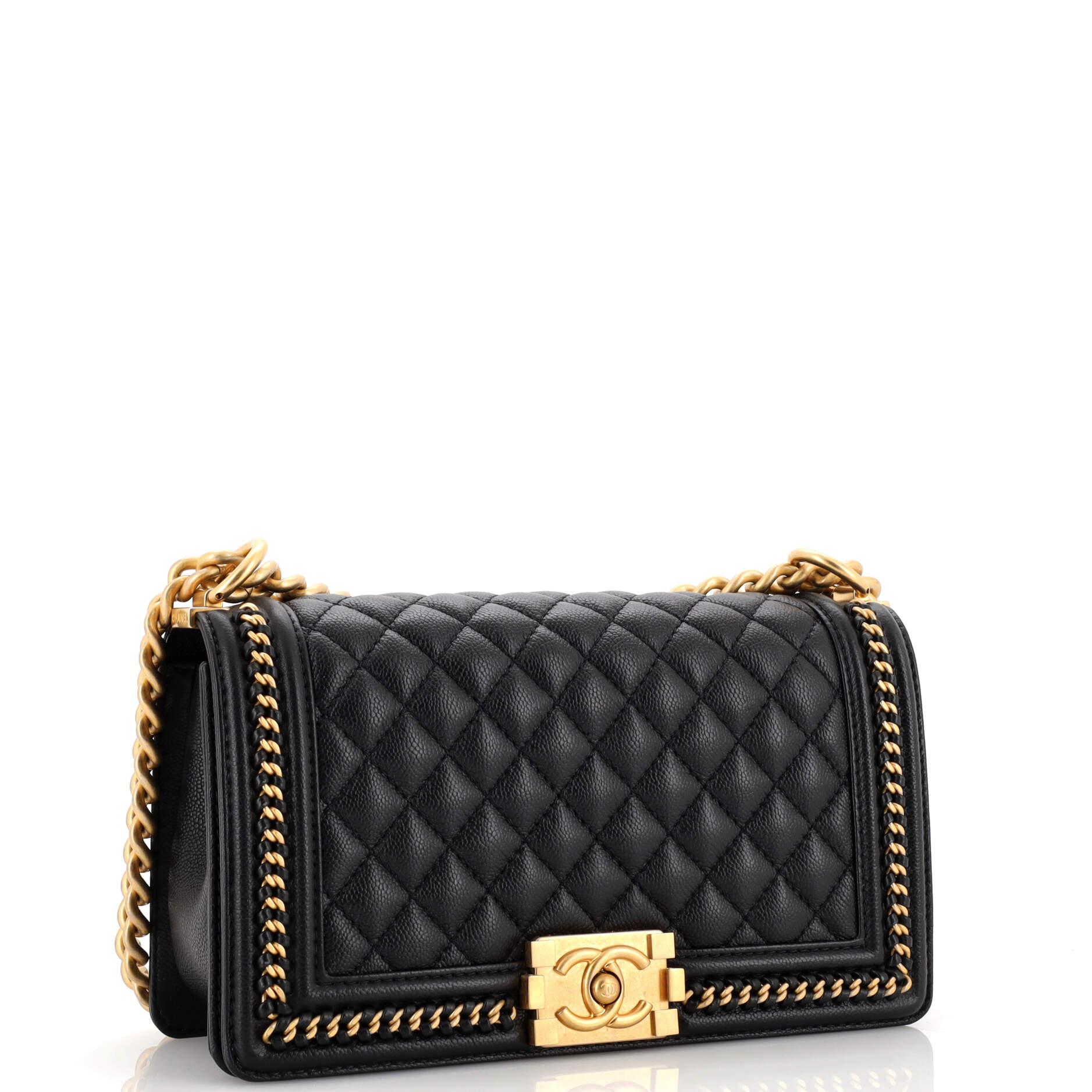 Chanel Boy Flap Bag Quilted Caviar with Whipstitch Chain Detail Old Medium In Good Condition In NY, NY