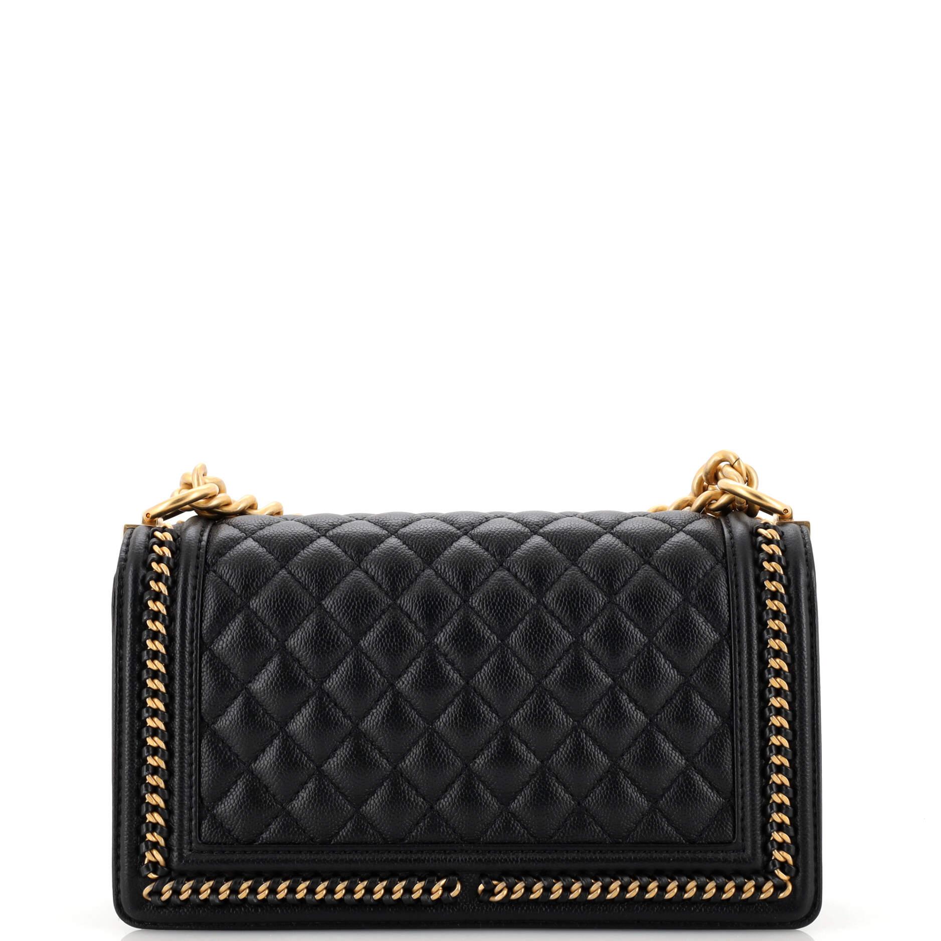 Women's or Men's Chanel Boy Flap Bag Quilted Caviar with Whipstitch Chain Detail Old Medium