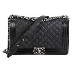 Chanel Boy Flap Bag Quilted Goatskin With Patent New Medium 