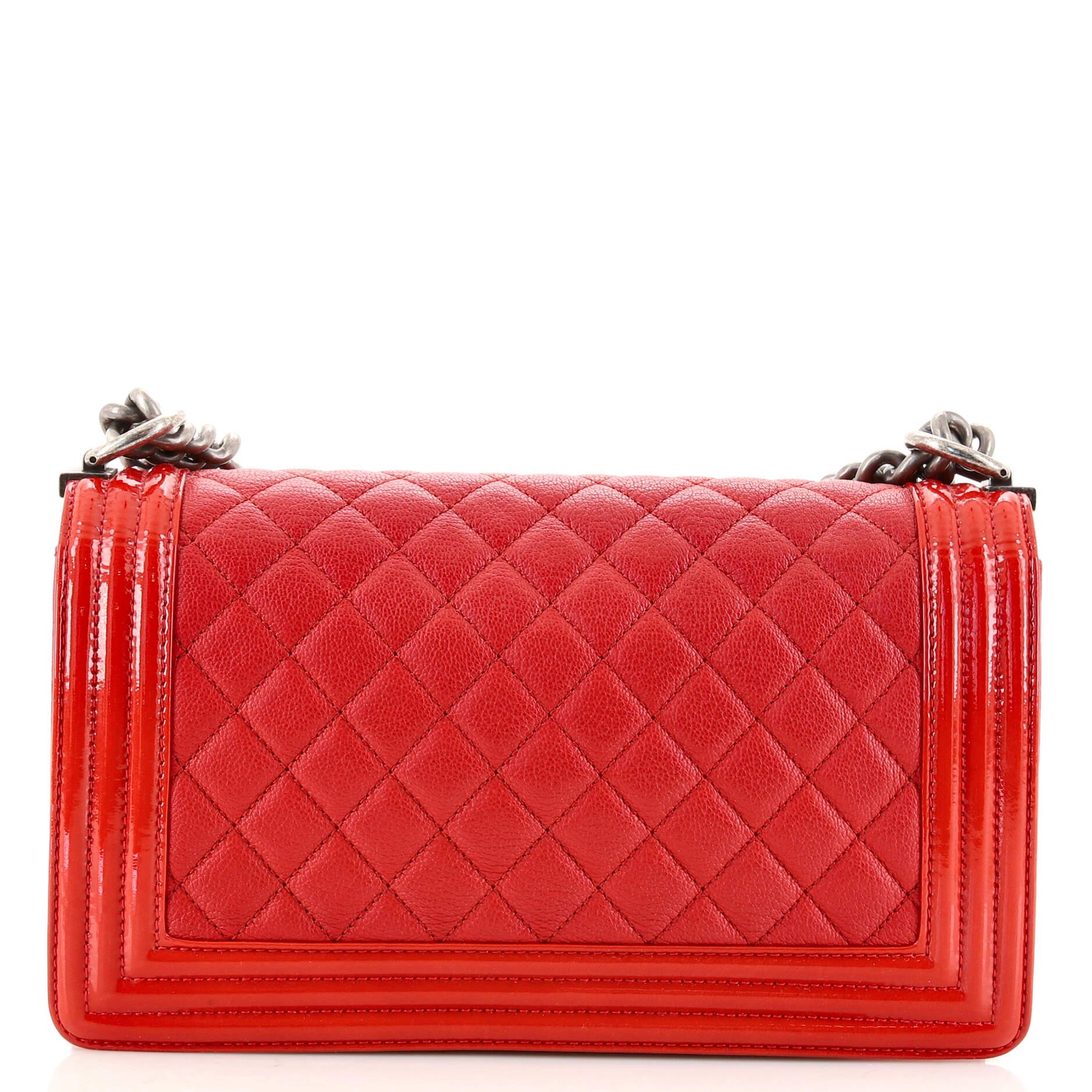 Red Chanel Boy Flap Bag Quilted Goatskin with Patent Old Medium