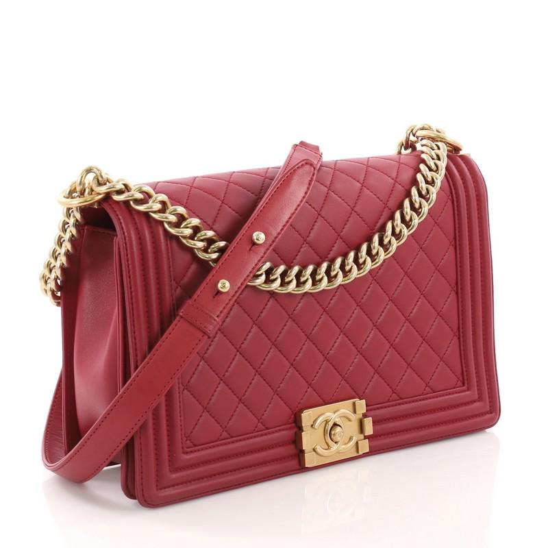 Red Chanel Boy Flap Bag Quilted Lambskin New Medium
