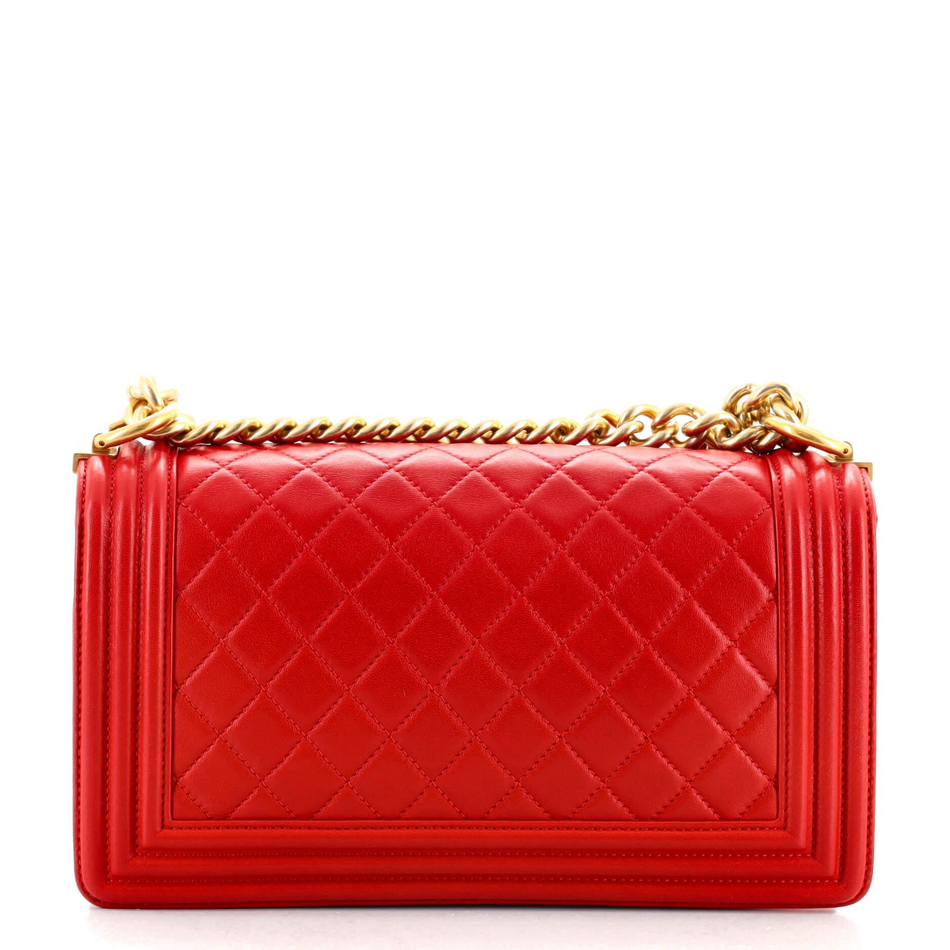 Red Chanel Boy Flap Bag Quilted Lambskin Old Medium