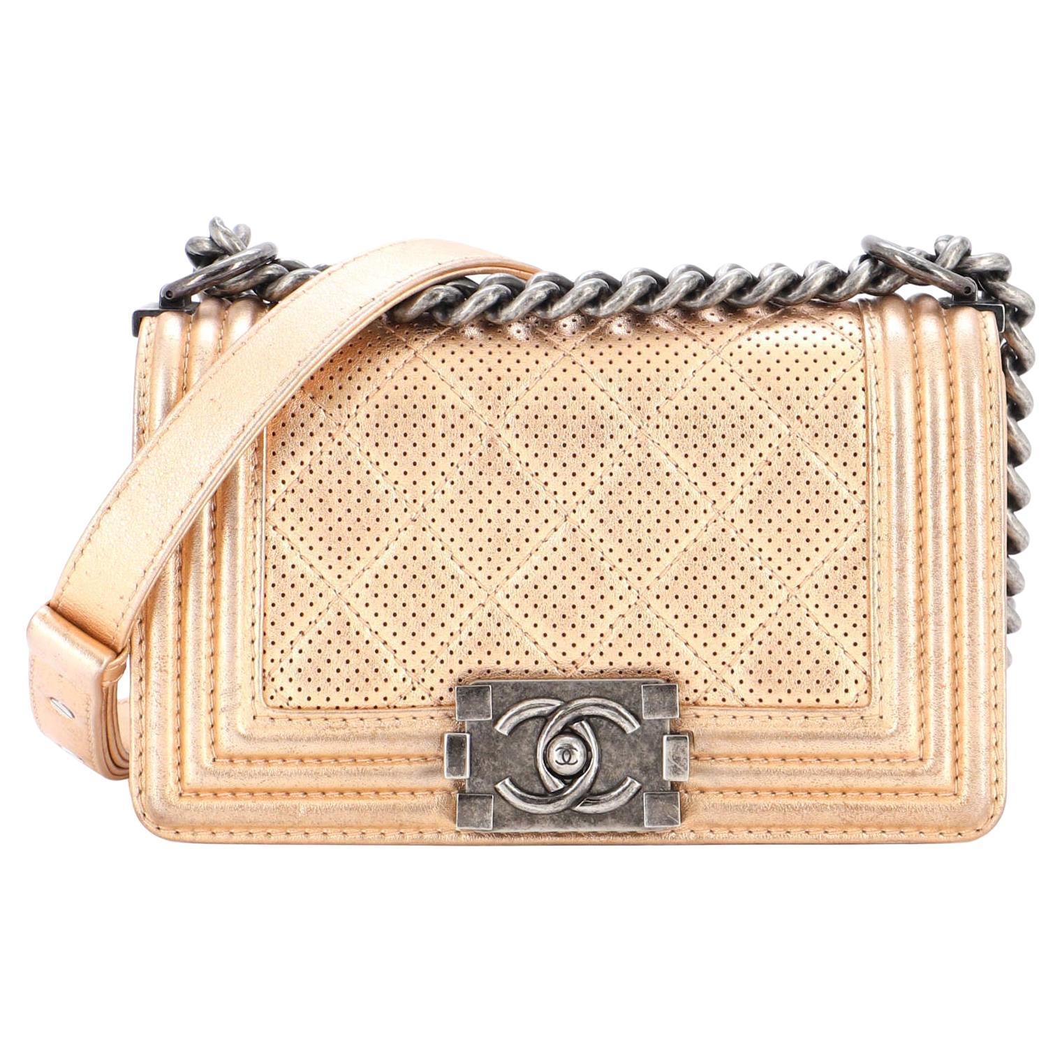 Chanel Boy Flap Bag Quilted Metallic Perforated Calfskin Small For Sale