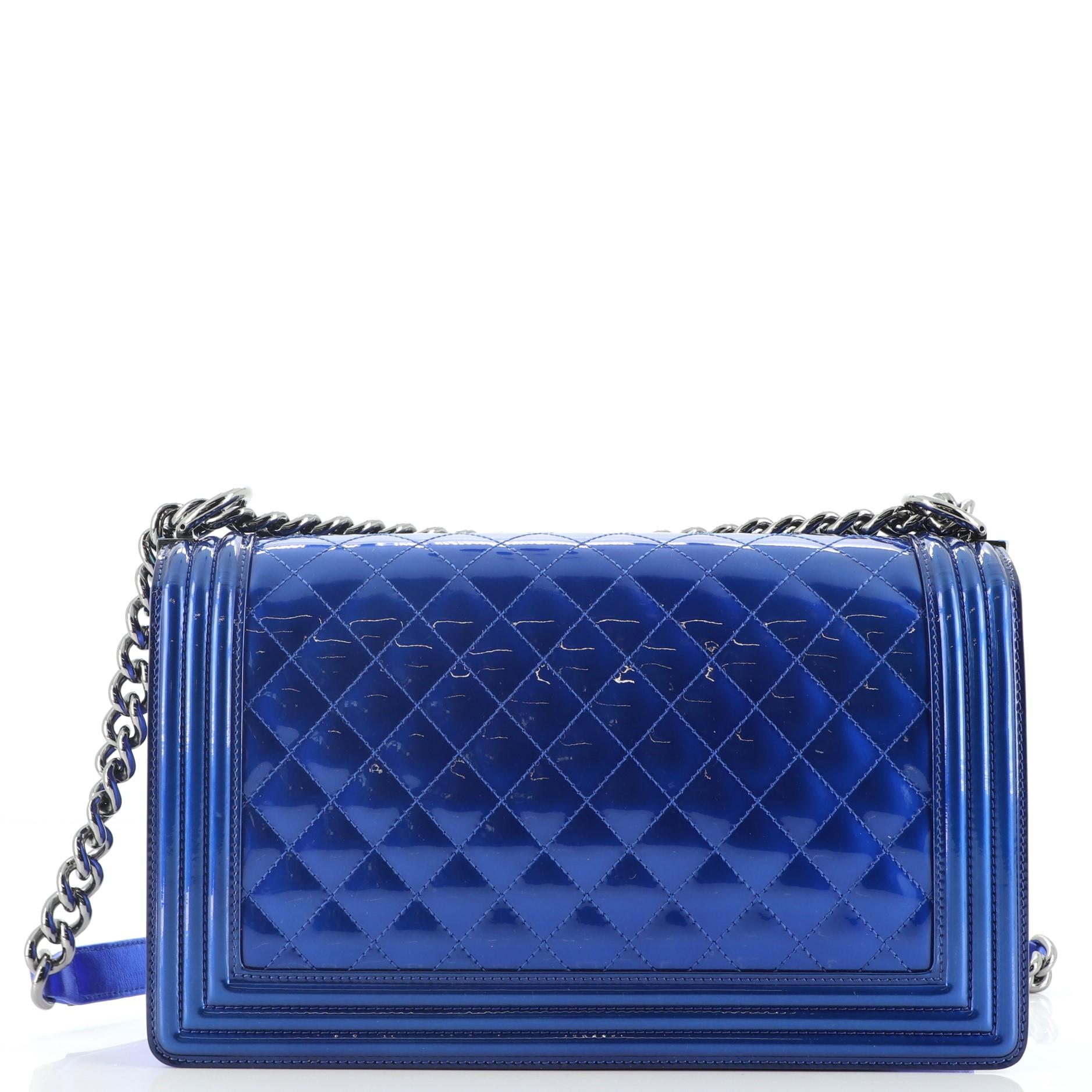 Blue Chanel Boy Flap Bag Quilted Patent New Medium