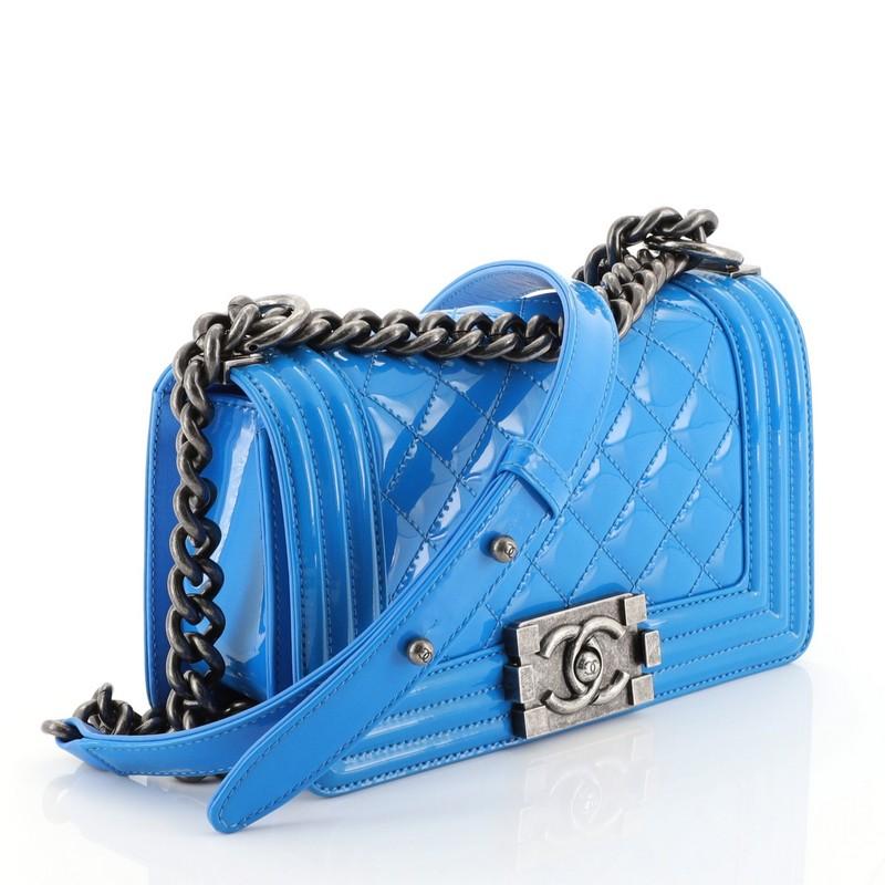 Blue  Chanel Boy Flap Bag Quilted Patent Small