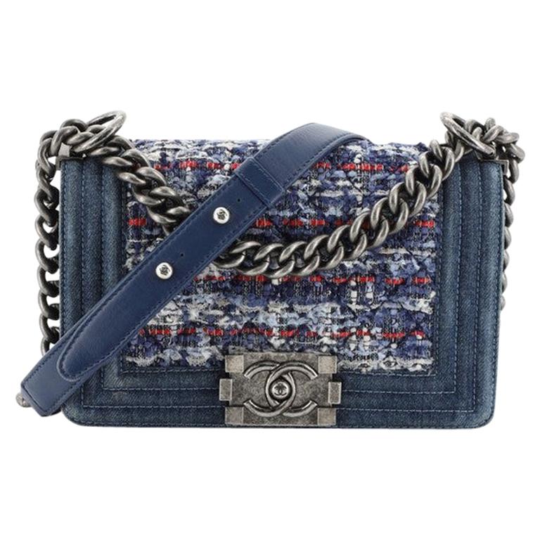 Chanel Boy Flap Bag Quilted Tweed With Denim Small